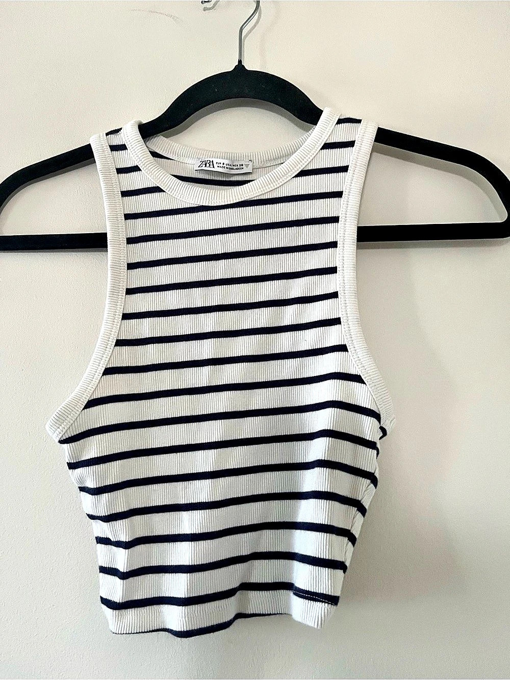Zara White Navy Blue Striped Ribbed Crop Tank Top Small Coastal Nautical Resort